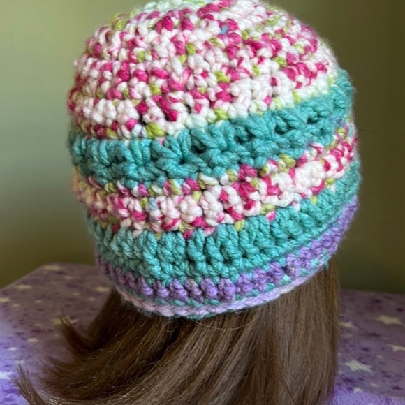Multicolor Crochet Flower Beanie medium soft thick acrylic yarn - Picture 6 of 10